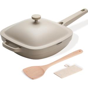 USELUCK 10.5 Inch(3.8QT) Ceramic Pan with Lid,Non Stick Frying Pans Cast Aluminum Deep Saut Pans,Ti-Ceramic Non Toxic Pix Pan with Wooden Spatula and Scrubber-Morning Mist