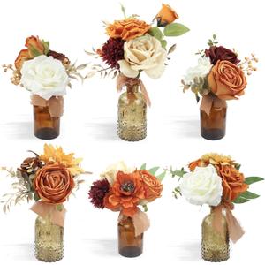 Rinlong 6Pcs Assorted Flower Centerpieces for Wedding Fall Tables Centerpiece Burnt Orange Bridesmaid Bouquets Baby Nursery Shelf Mantel Decor (6pcs (Vase not included))