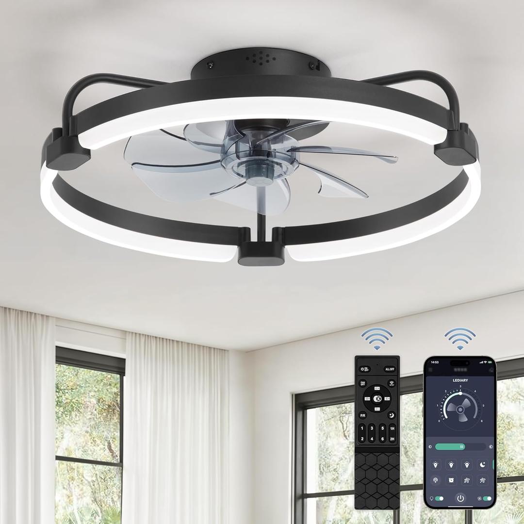 LEDIARY Ceiling Fans with Lights and Remote, 20'' Low Profile Ceiling Fan with Light, 30006000K Dimmable Fandelier LED Fan Light, 6 Wind Speeds, Black Modern Flush Mount Ceiling Fan for Bedroom
