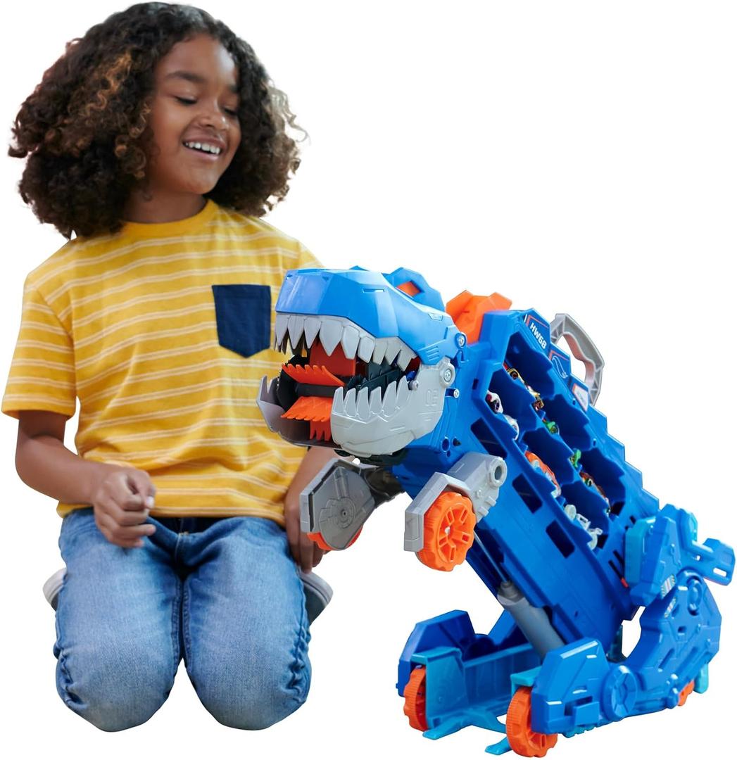 Hot Wheels City Toy Car Track Set, Ultimate T-Rex Transporter, Hauler Transforms into Stomping Dino with Race Track, from Netflix Series “Let’s Race”, 1:64 Scale