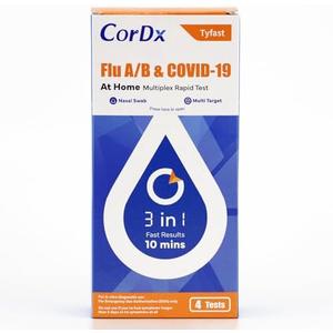 CorDx TyFast at Home Flu A/B & COVID-19 Multiplex Rapid Test Kit, Easy, Accurate, Fast Results in 10 Minutes, 3 in 1 Combo Kit, 4 Tests