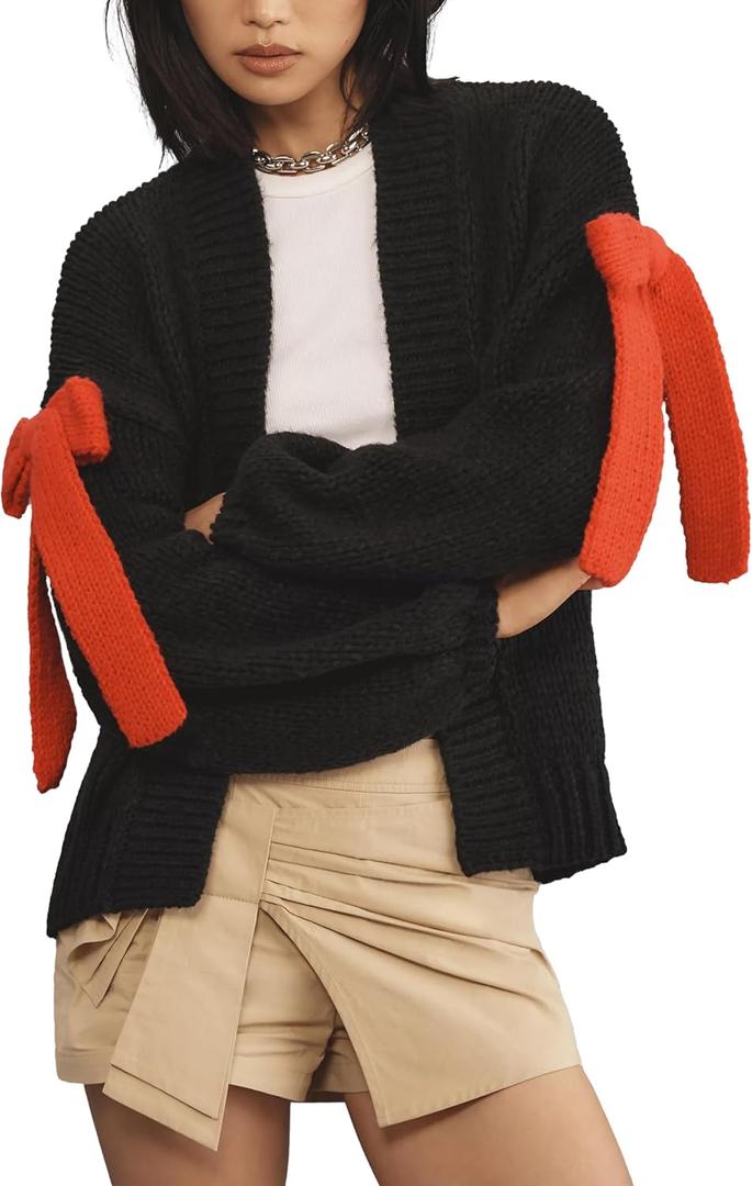 Open Front Sweaters for Women Casual Bow Tie Knit Cardigan Slouchy Chunky Long Sleeve Sweaters Outwear Coat (Black, M)