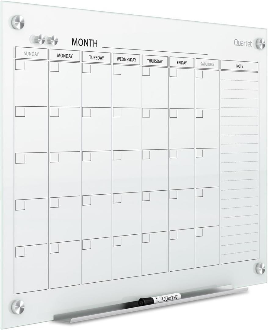 Quartet Dry Erase Calendar Glass Board 36"W x 24"H Magnetic Whiteboard Planner, Infinity, White (GC3624F)