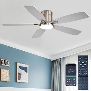 52 Inch Low Profile Ceiling Fans with Lights and Remote, Flush Mount Modern Ceiling Fan, 3CCT Dimmable DC Ceiling Fan for Bedroom, Living Room, Brushed Nickel