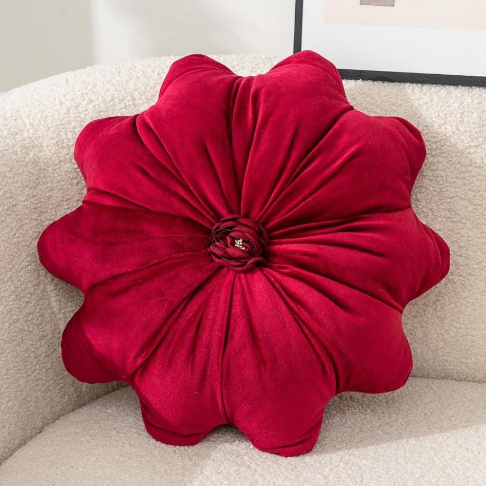 Flower Pillow Cushion Round Decorative Throw Pillow 15.7 Velvet Flower Shaped Pillow for Sofa Couch Vanity Chair Bed (Red)