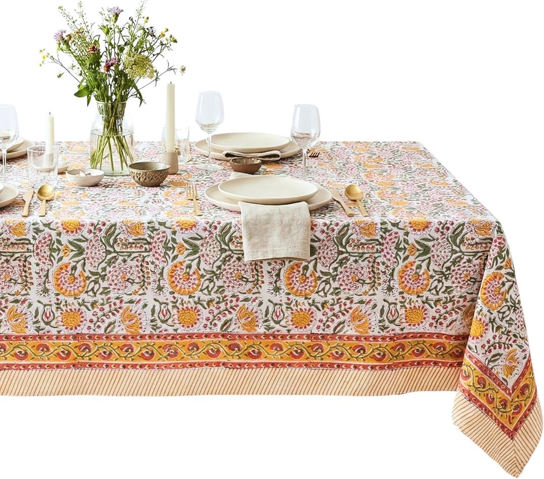 ATOSII Clover Yellow 100% Cotton Rectangle Fall Tablecloth, Handblock Floral Print Linen Table Cloth for Kitchen Dining I Parties, Outdoors, Christmas, Thanksgiving I 72 X 108 Inches I 8 Seater