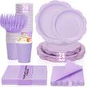 Purple Plates and Napkins for 24 Guests, 9’’ Disposable Scalloped Paper Plates and 7’’ Lavender Dessert Cake Plates Tableware Set Party Supplies for Birthday, Baby Shower Decorations, Wedding
