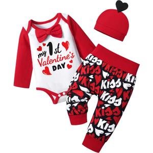 MIGU Baby Boy Valentines Day Outfit Long Sleeve Romper+Pants+Hat My First Valentines Day Baby Boy Outfit 3Pcs Spring Outfit (Red), 3-6 M
