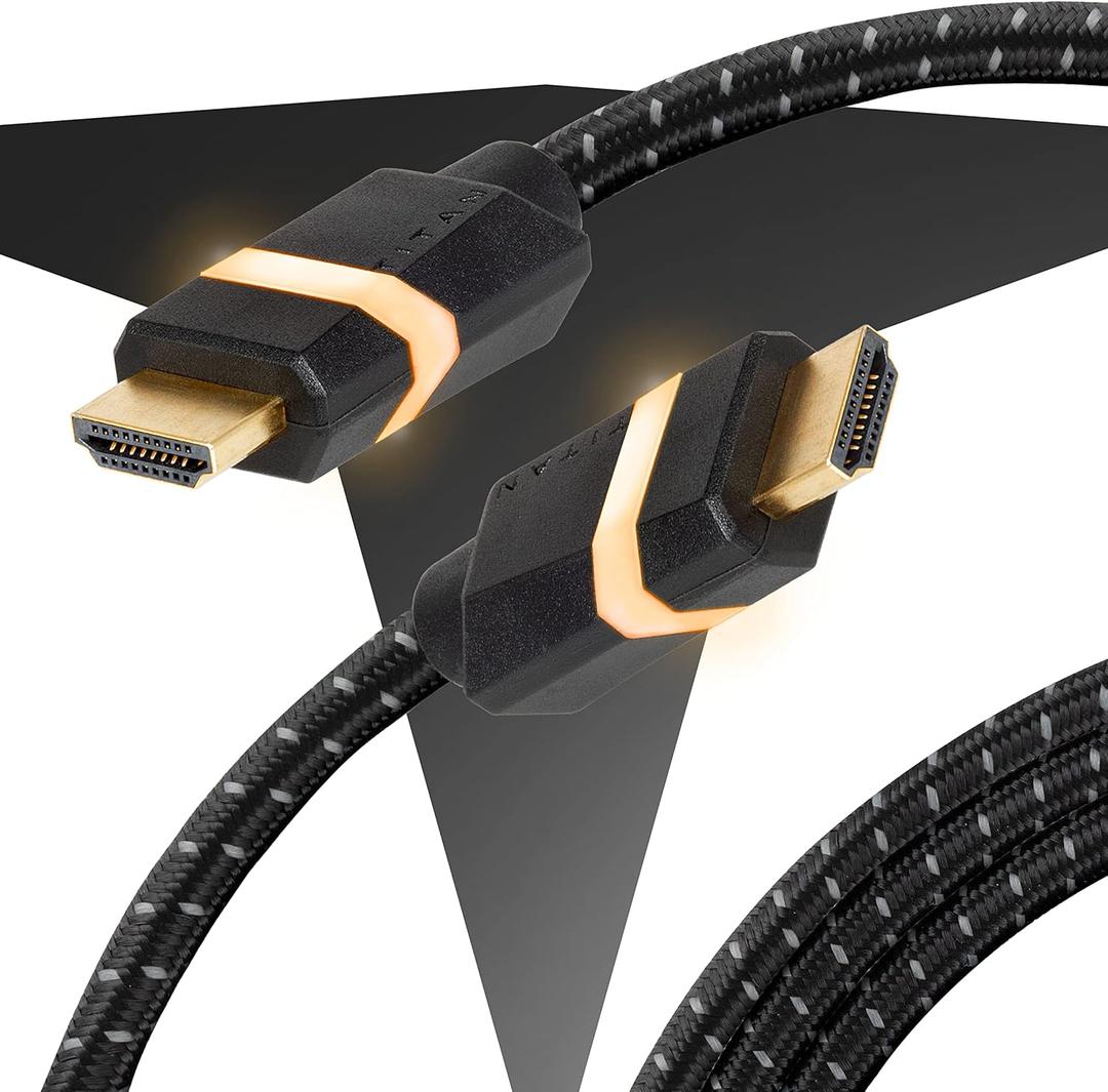 TITAN 8K HDMI 2.1 Cable, 6 ft Braided Cord, Amber LED Light Strip, Ultra High-Speed Cable with HDR, VRR & QMS, 48 GBPS, Black, 60866 (6ft)