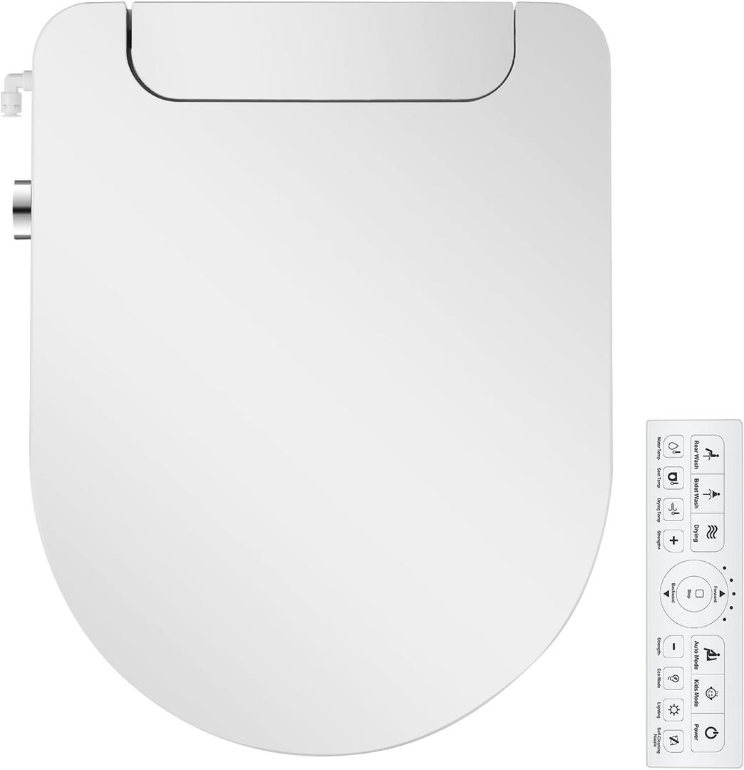 Electric Bidet Toilet Seat, Round, Warm Water with Air Dryer, Heated Seat and Slow Close Lid, Front and Rear Wash, LED Nightlight, Wireless Remote, White, 101D