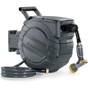 GLAHODEN Retractable Garden Hose Reel 1/2 in x 65 ft, 2025 Upgraded Dual Ratchet Lock UV & Freeze Protection Brass Seal Slow Retraction Anti-Tangle Hose 180Swivel Reinforced Scaffold Wall Mount (Dark Gray)