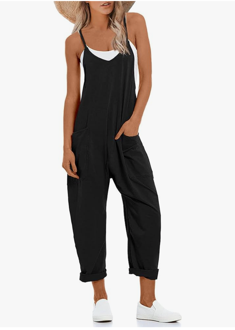 Lentta Women's Causal Jumpsuits V Neck Sleeveless Harem Overalls Stretchy Adjustable Strap Romper with Pockets M