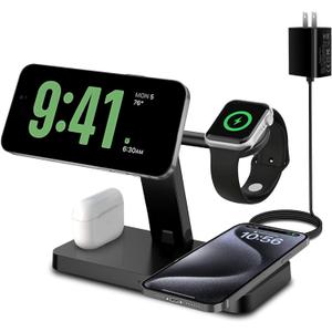 Magnetic Charging Station,PDKUAI for MagSafe 4 in 1 Fast Wireless Charger Stand for iPhone 16,15,14,13,12 Pro/Max/Mini/Plus,Apple Watch 10/9/8/7/6/SE/5/Ultra and Airpods 4/3/2/1 with Adapter-Black