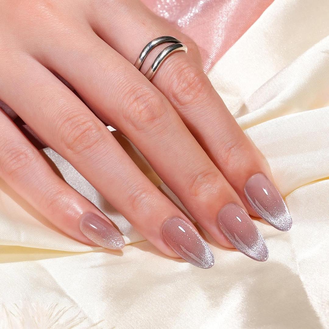 Cat Eye Press on Nails Almond Medium French Almond Nail Tips Soft Gel False Nail, Acrylic Glossy Glue On Fake Nails Extensions Kit for Women