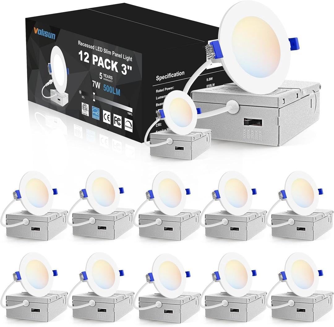 VOLISUN 12 Pack 3 inch Recessed Lighting, 5CCT LED Recessed Light with Junction Box, 2700K-5000K Selectable, Dimmable Canless Wafer Downlight, LED Ceiling Light ETL Certificated (White)
