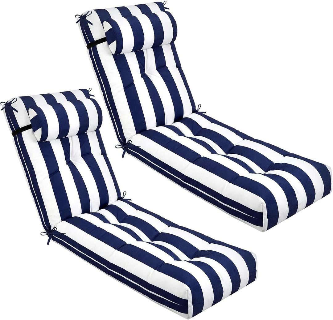 Wenqik Set of 2 Outdoor Chaise Lounge Cushions 76 x 22 x 6 Inch Waterproof Patio Furniture Chaise Cushion with Headrest Pillow Thick Tufted Lounge Pad for Lawn Pool Hotel(Navy Blue White Stripes)