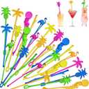 100 Assorted Tropical Swizzle Sticks Bar Cocktail Stirrers Luau Palm Tree Flamingo Fun Reusable Novelty Beverage Cocktail Margarita Tiki Drink Stirring Sticks for Birthday Wedding Party