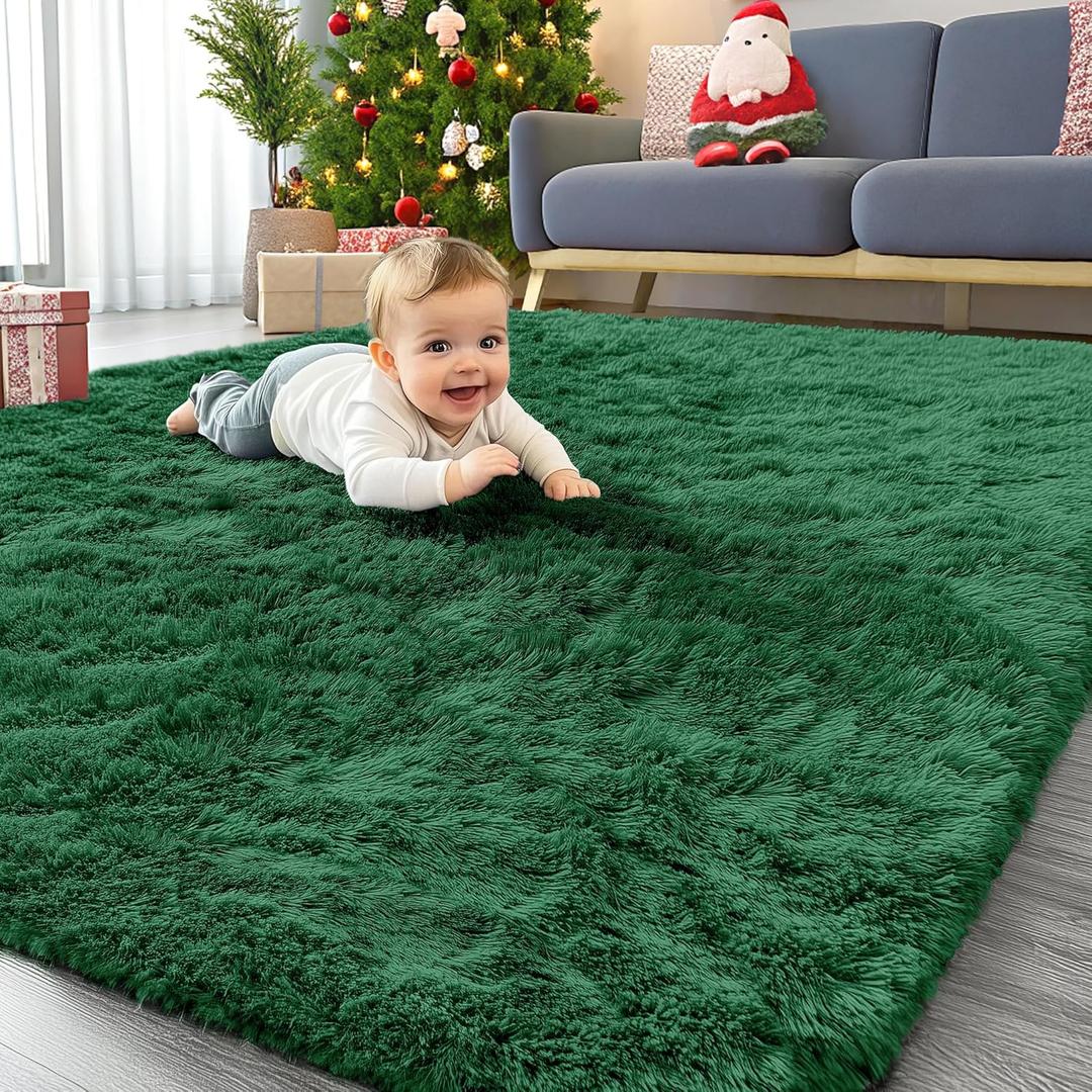 OLANLY Area Rugs for Living Room Bedroom, Machine Washable 4x5.9 ft Soft Fluffy Shaggy Bedside Rug, Indoor Floor Carpet for Kids Girls and Boys, Dorms, Nursery Rooms, Home Decor Aesthetic, Dark Green