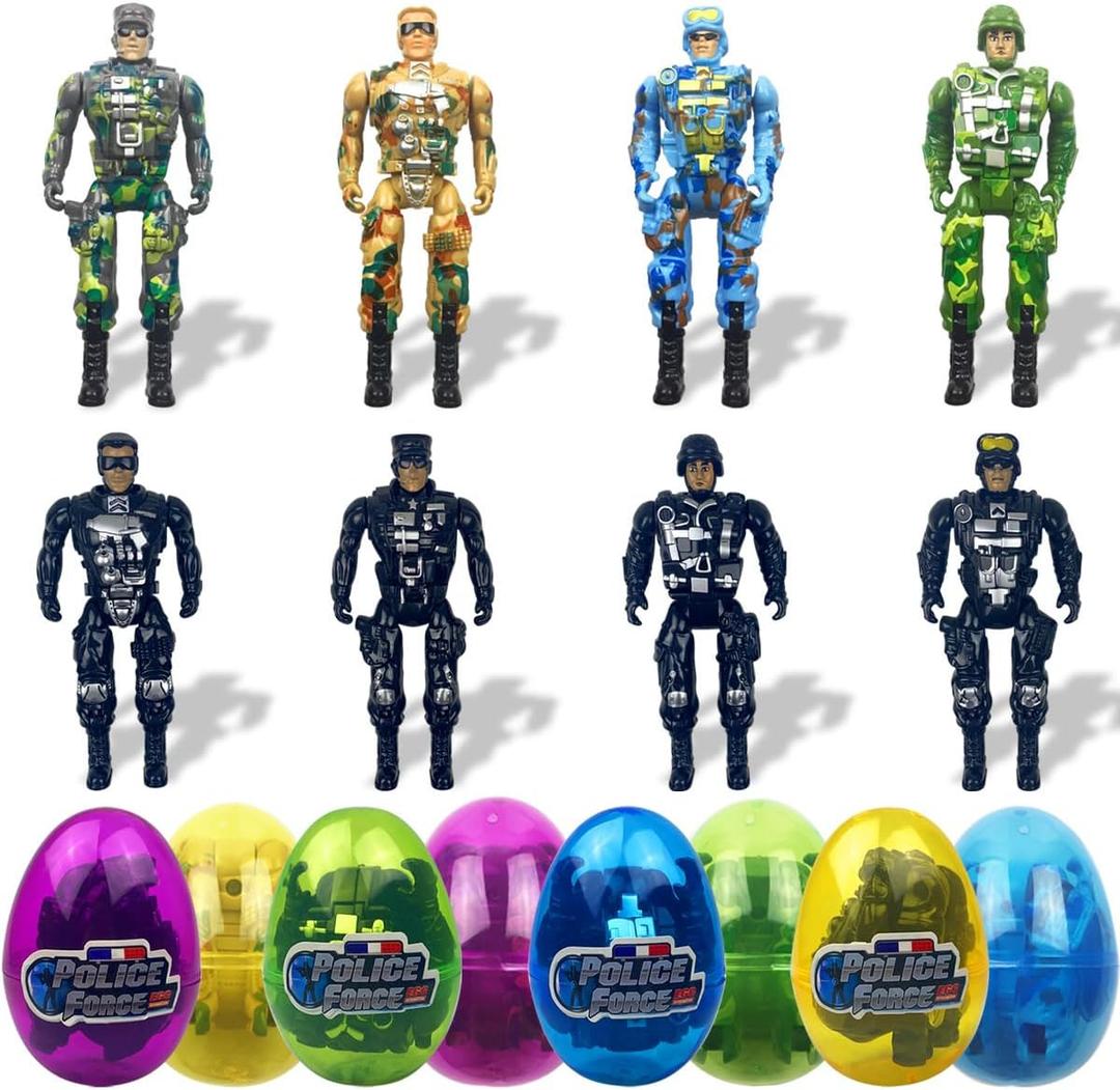 Anditoy 8 Pack Jumbo Police & Soldier Deformation Eggs Prefilled Easter Eggs with Toys Inside for Kids Boys Girls Easter Basket Stuffers Gifts Party Favors