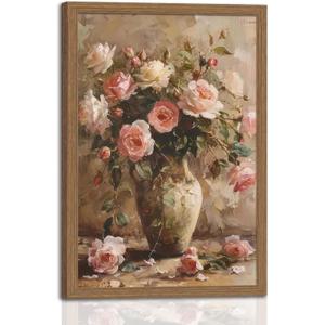 Framed Vintage Pink roses Vase Flower Canvas Wall Art French Country Floral in Canvas Prints Oil Painting Rustic Decor for Bedroom Living Room Dining room gallery Can be hung directly 12x16in