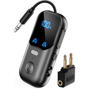 Bluetooth 5.4 Transmitter Receiver for 2 AirPods/Headphones, 2-in-1 Airplane Bluetooth Adapter with Mic for Hands-Free Calls, Low Latency, Wireless Audio Adapter for Travel Flight TV Speakers (Black)