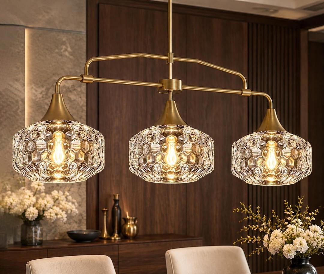 DSMJFU Vintage 3-Light Brass Kitchen Island Lighting with Hammered Glass Height adjustable,3 Light Kitchen Island Light Fixture, Glass Dining Room Chandelier, Gold Kitchen Hanging Light Fixtures