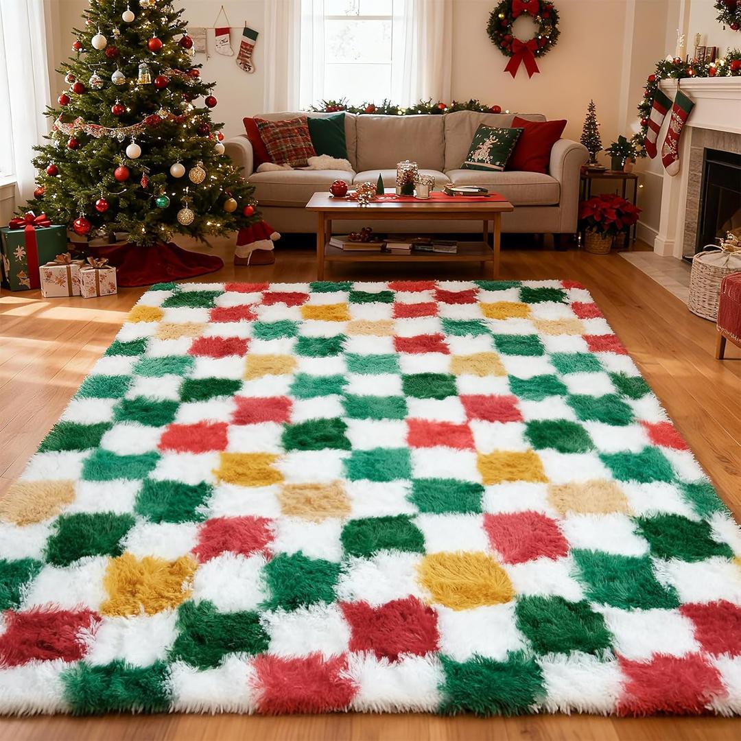 Christmas Area Rug 6x9 for Bedroom Living Room,Checkered Shag Rug Fuzzy Shaggy Bedside Carpet,Indoor Plush Floor Rugs for Kids Boys Girls Room Holiday Home Decor (Red and Yellow)
