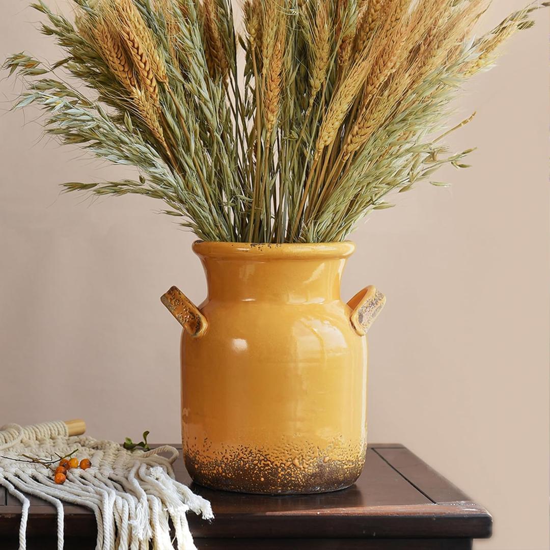 Quoowiit Ceramic Rustic Farmhouse Vase, Distressed Decorative Flower Vases for Home Decor, Ideal Shelf Decor, Yellow Boho Vase for Living Room Bedroom Kitchen Office Centerpiece Table Decorations (8 Inch-Yellow)