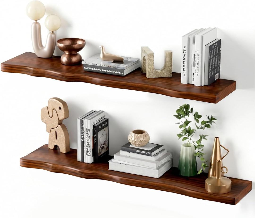 Solid Wood Live Edge Floating Shelves Set of 2 36" Rustic Wall Shelf with Hidden Bracket System, Wall Mounted Shelves for Bathroom, Kitchen, Living Room, Bedroom (Walnut)
