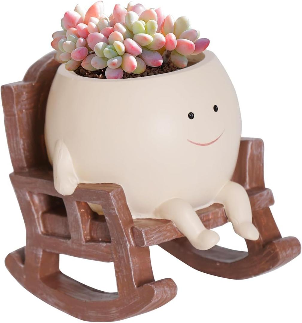 Resin Face Planter Succulents Plants Live Funny Succulent Pots with Drainage Small Smiley Face Planter for Desk Rocking Chair Planter Pot Heads for Plants Ideal Gift Christmas Head Flower Pot
