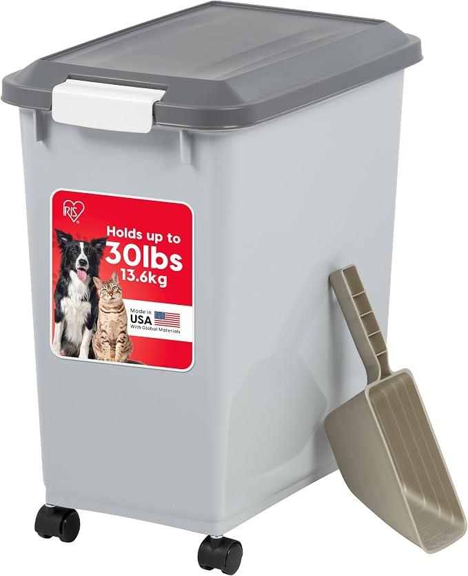 IRIS USA Dog Food Storage Container, Up to 30 lbs, Gray/Dark Gray
Made in the USA, Comes w/ Wheels & 2-Cup Scoop, Airtight Seal, BPA-Free, Kibbles, Bird Seed, Cat food, Cat Litter, Pellets