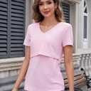 Sosolism V Neck Breastfeeding Shirts Short Sleeve Breathable Nursing Tops Summer Pumping Tshirt for Women (Pink, L)