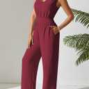 Pink Queen Jumpsuits for Women Dressy Sleeveless V Neck Wide Leg Pants Romper Casual Vacation Outfits (Red, L)
