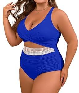 B2prity Women's Plus Size One Piece Swimsuit Tummy Control V Neck Bathing Suit Ruched High Waisted Cutout Swimwear (Large)