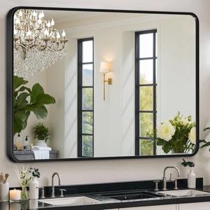 Black Framed Mirror for Bathroom Vanity,Wall Mounted Bathroom Mirrors for Over Sink,12x16in Brushed Rectangle Bedroom Mirror,Modern Decorative for Restroom,Farmhouse,Horizontally or Vertically Hanging