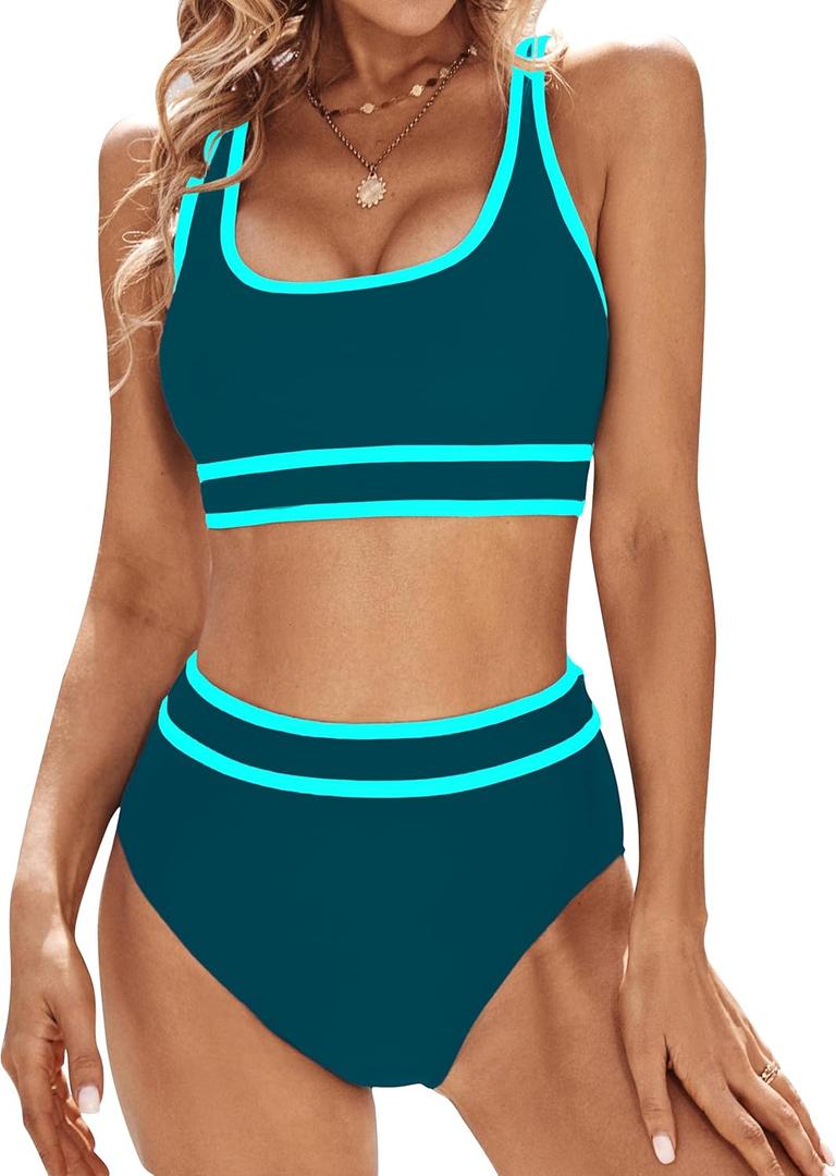 Blooming Jelly Women's Bikini Sets High Waisted Two Piece Swimsuits Sporty Color Block Cheeky High Cut Bathing Suits (XX-Large, Teal)