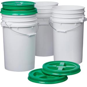 Consolidated Plastics 7 Gallon White Food Grade Buckets + Green Gamma Seal Lids, BPA Free Container Storage, Durable HDPE Pails, Made in USA (3 Pack) (Green Lid)