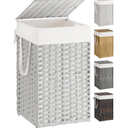 SONGMICS Laundry Hamper with Lid, 17.2 Gallon (65 L) Synthetic Rattan Clothes Laundry Basket with Lid and Handles, Foldable, Removable Liner, Cloud White ULCB165W01