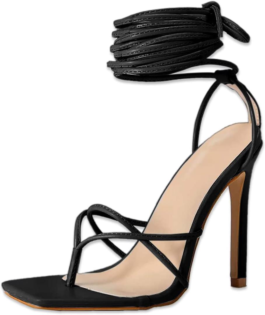 PiePieBuy Women's Lace Up Heeled Sandals Square Flip Flop High Heels Strappy Party Shoes, 8, Black