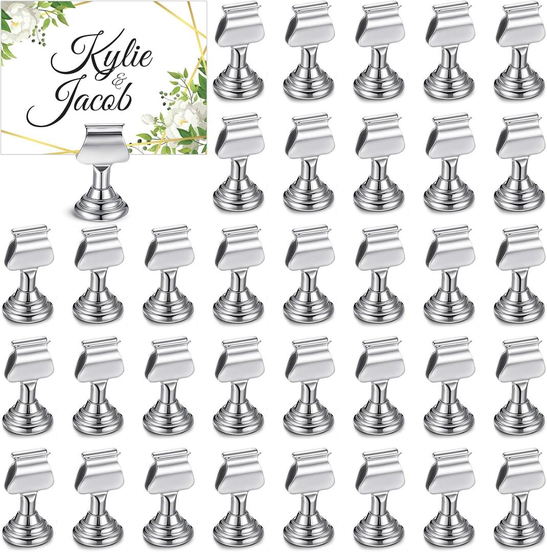 Kathfly 36 Pcs Wedding table Number Holders 1.7 Inch Metal Silver Mini Place Card Holders Bulk Harp-clip Table Sign Stands Card Holder Display Picture Memo Notes Menu for Restaurants Birthday Decor