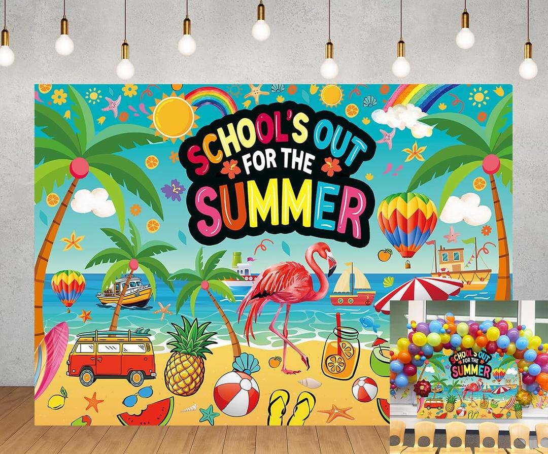 School's Out for The Summer Backdrop Hawaiian Tropical Beach End of School Year Party Theme Photography Background Kids Boys Girls Last Day of School Graduation Party Decor Banner Photo Props (8x6FT)