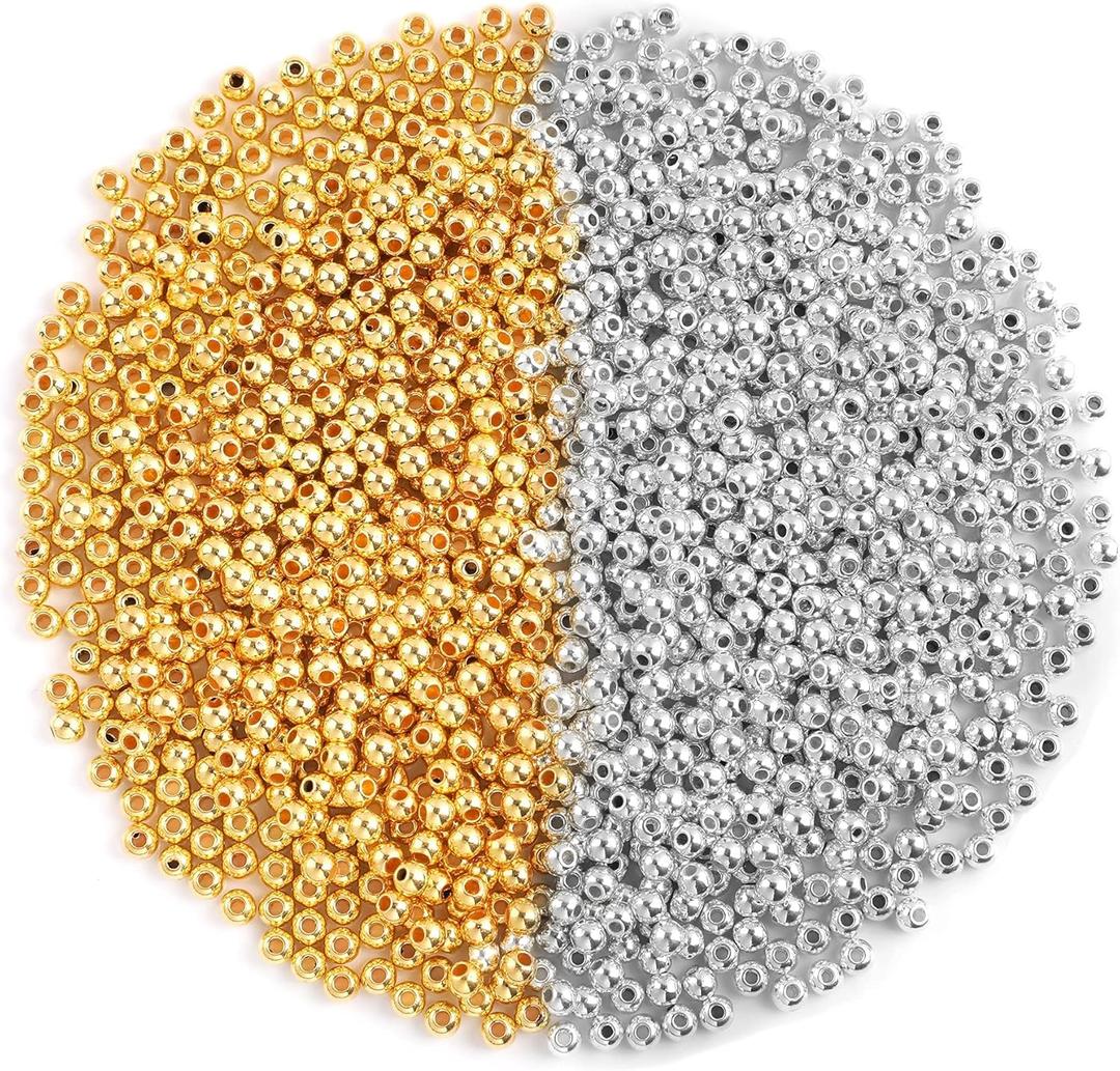 1200Pcs 4mm Round Beads Spacer Beads Smooth Loose Ball Beads for DIY Bracelet Jewelry Making Craft, Silver & Gold