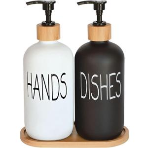 Glass Soap Dispenser Set, Hand Soap and Dish Soap Dispenser with Bamboo Tray. Vintage Soap Dispenser with Pump for Kitchen Drain Outlet and Bathroom. Stylish Permanent Labels (Matte Black&White)