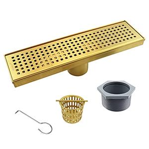 Bernkot Linear Shower Drain 12", 304 Stainless Steel Floor Drain with Grid Drain Cover & Hair Strainer, Rectangular Shower Drain w/CUPC Certified, Brushed Gold - Amazon.com
