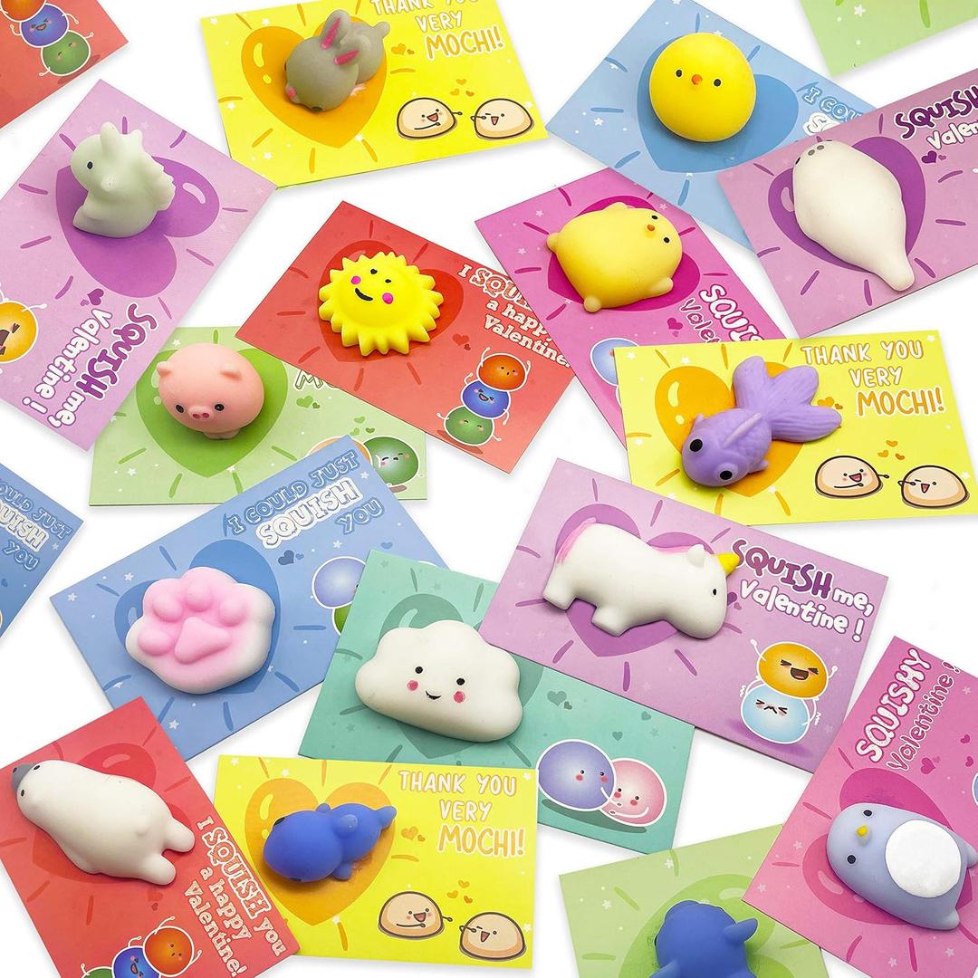 28 Pack Valentines Day Cards with Mochi Squishy Toys for Kids, Cute Kawaii Squishies School Classroom Valentine Exchange Set, Valentines Party Favors and Greeting Cards