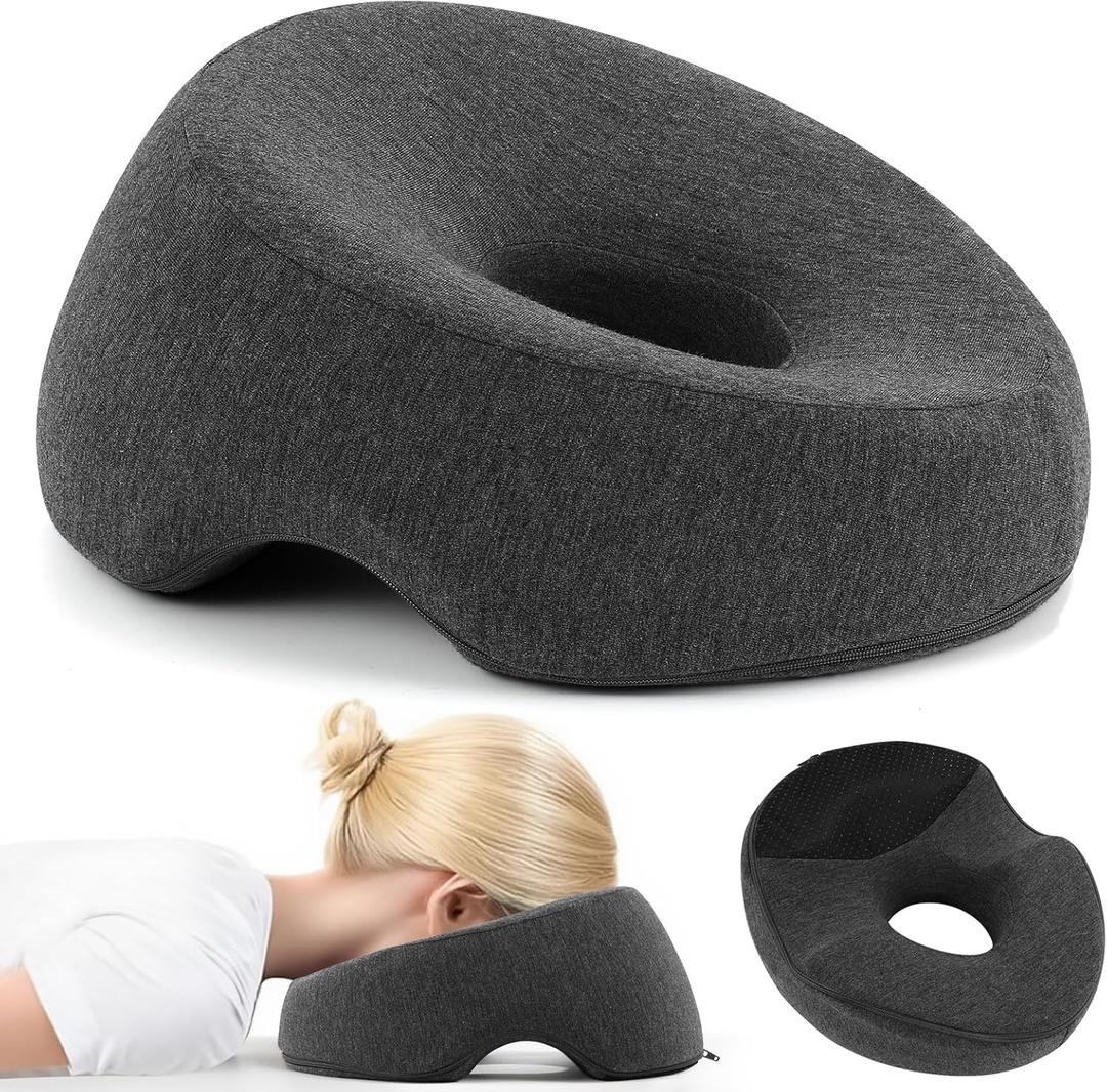 Face Down Adjustable Memory Foam Pillow with 2 Air Vents - Stomach Sleep & Post-Eye Surgery Headrest with Massage Cushion for Recovery (Dark Gray, Medium)