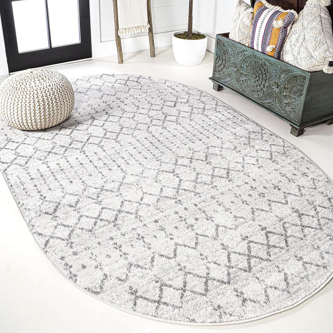 JONATHAN Y Boho Vintage Diamond Cream/Gray Oval Area Rug 4X6 ft, Moroccan Hype for Living Room, Bedroom, Kitchen, Office, Easy-Cleaning, High Traffic, Pet-Friendly, Non-Shedding (MOH101B-4OV)