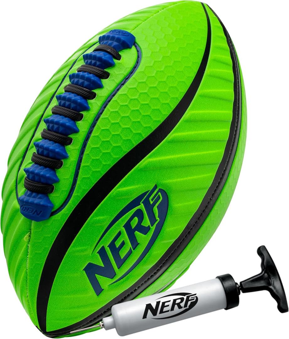 Nerf Spiral Grip Footballs - Patented Spacelace for Ultimate Spirals - Machine Stitched Construction - Pump Included - Junior or Mini - Blue/Orange or Green/Black (Junior 10.5")