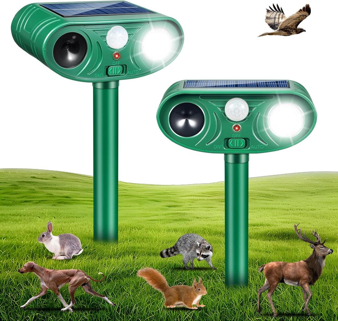 2026 Upgraded Solar Animal Repellent Ultrasonic Outdoor 2 Pack, IP65 Waterproof Deer Deterrent & Cat Repellent with Motion Sensor Strobe Light, Raccoon Rabbit Squirrel Repeller to Protect Yard Garden