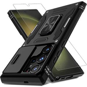 DEERLAMN Case for Samsung Galaxy S25 Ultra with Slide Camera Cover+Screen Protector (1 Pack), Rotated Ring Kickstand Military Grade Shockproof Protective Cover-Black (S25 Ultra-6.9 Inch)